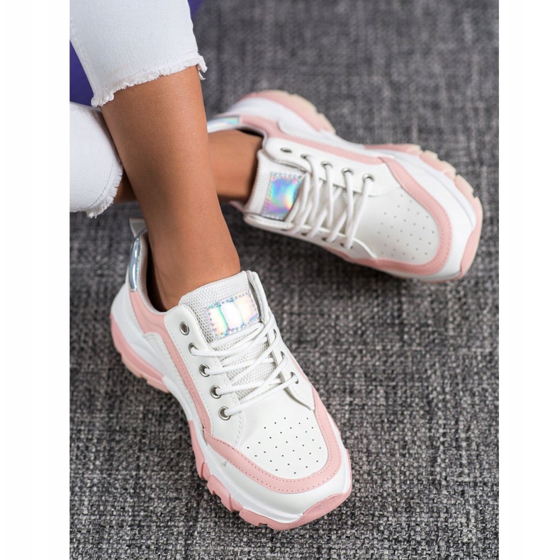 SHELOVET Tênis de couro ecológico branco rosa 1