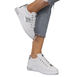 Tênis da moda branco com couro ecológico C912 prata cinza 1