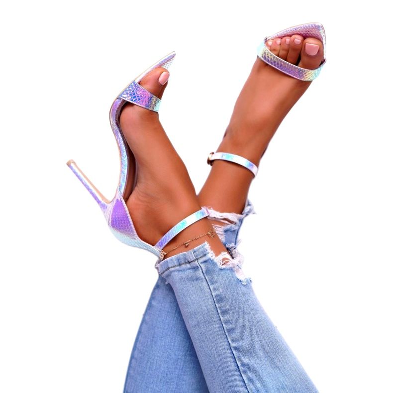 Sandálias femininas de salto alto Lu Boo Opalescent Debbi branco rosa prata 3