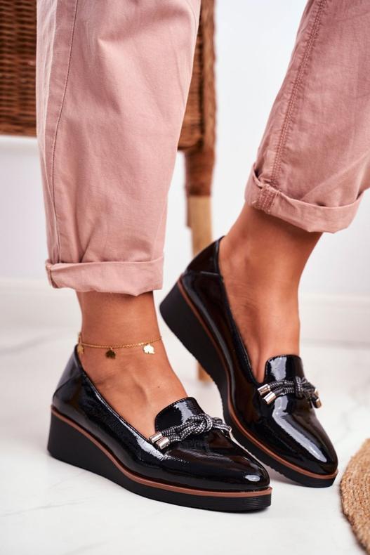 Vinceza Mocassins pretos femininos lacados na cunha Abba cinza 1