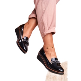 Vinceza Mocassins pretos femininos lacados na cunha Abba cinza 2