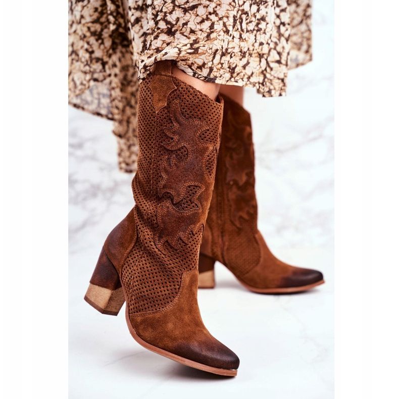 Exquisite Botas femininas de salto alto em couro conhaque alecrim castanho 1