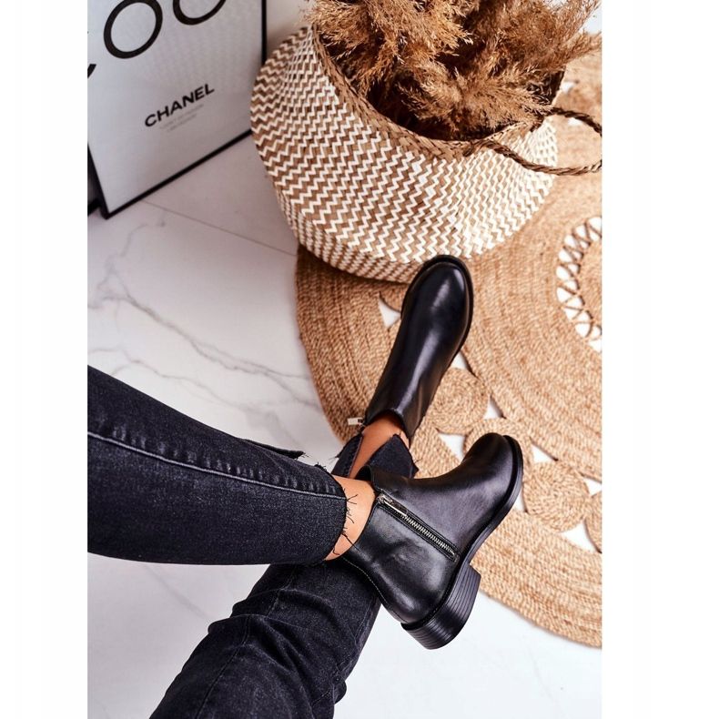 S.Barski Botas femininas quentes botas chelsea de salto baixo couro samambaia preta preto 1