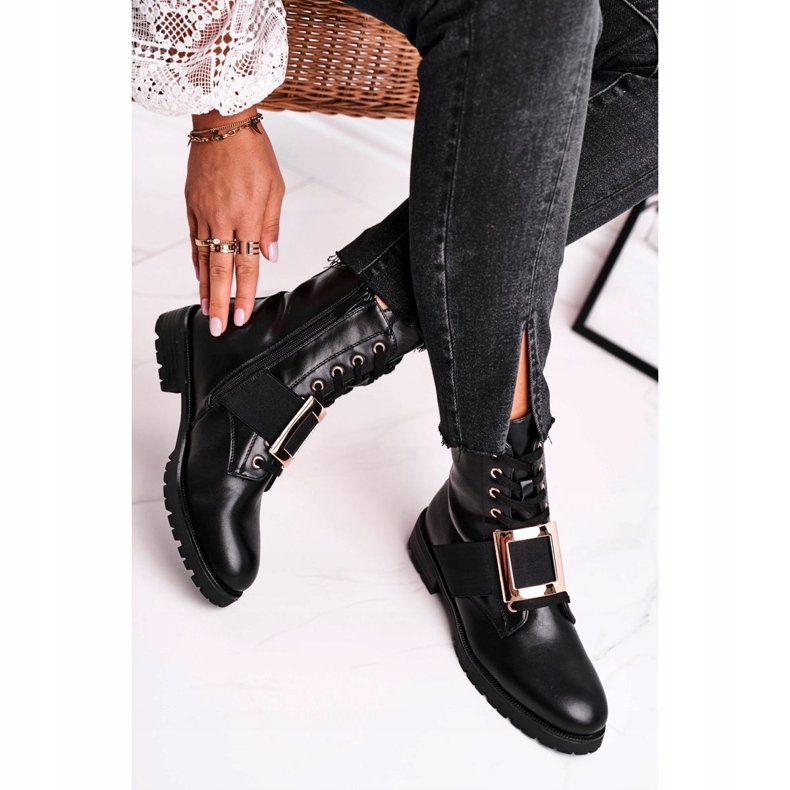 Botas femininas negras Happy Su com fivela dourada preto 1