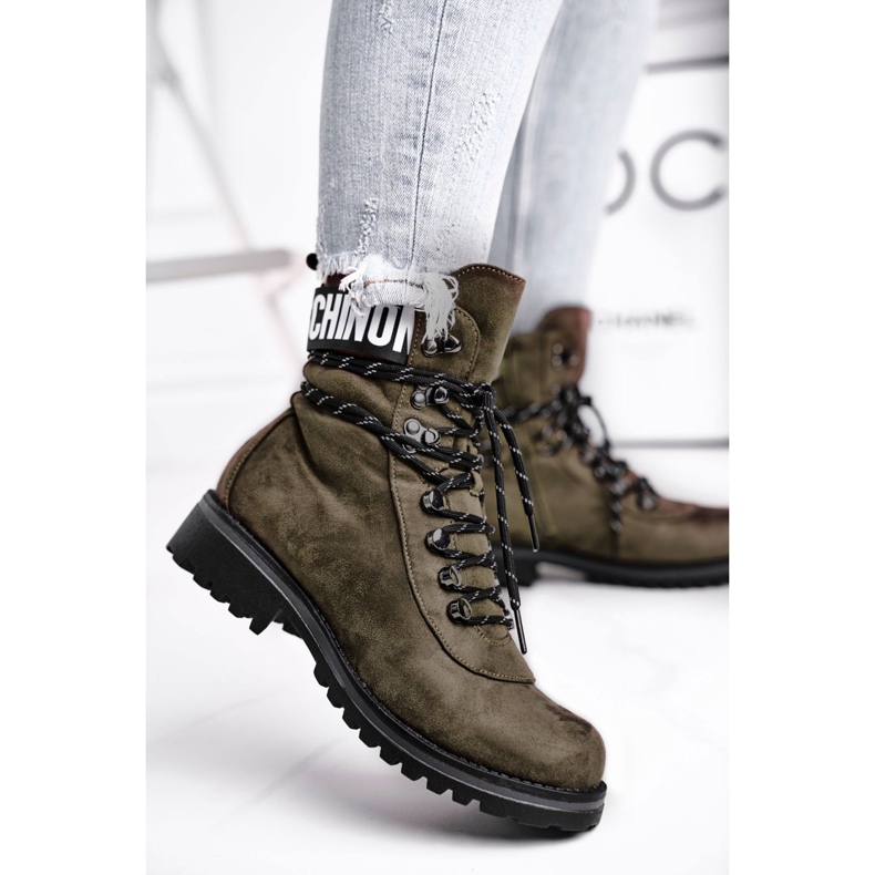 EVE Botas femininas de salto plano com um popi verde com zíper 2