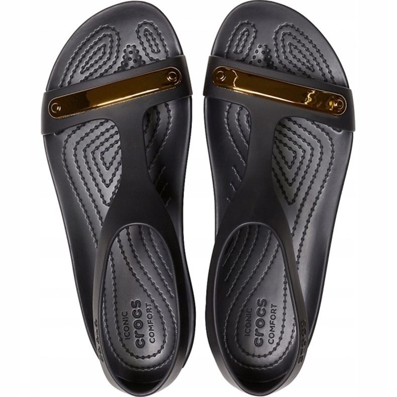Sandálias femininas Crocs Serena Metallic Bar Sdl W preto-ouro 206421 751 2