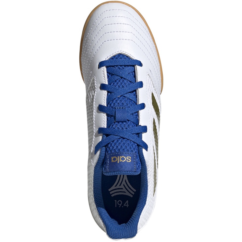 Chuteiras adidas Predator 19.4 In Sala Junior branco e azul EG2829 1