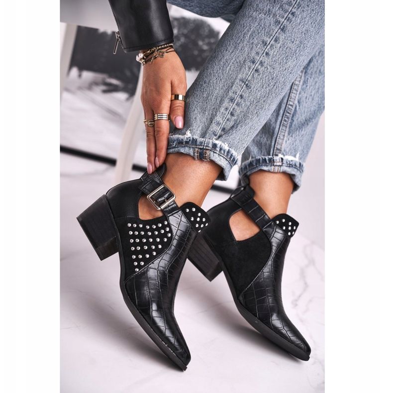 FB1 Botas femininas com fivela de salto alto preto Rontra 2