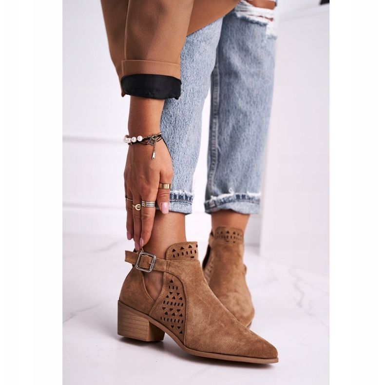 FB1 Botas femininas com salto alto camurça fivela camelo esen marrom 1