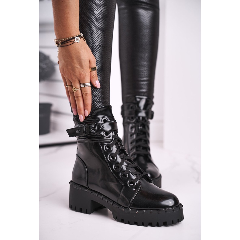 FRGIV Botas laqueadas femininas pretas de cabeça para cima preto 1