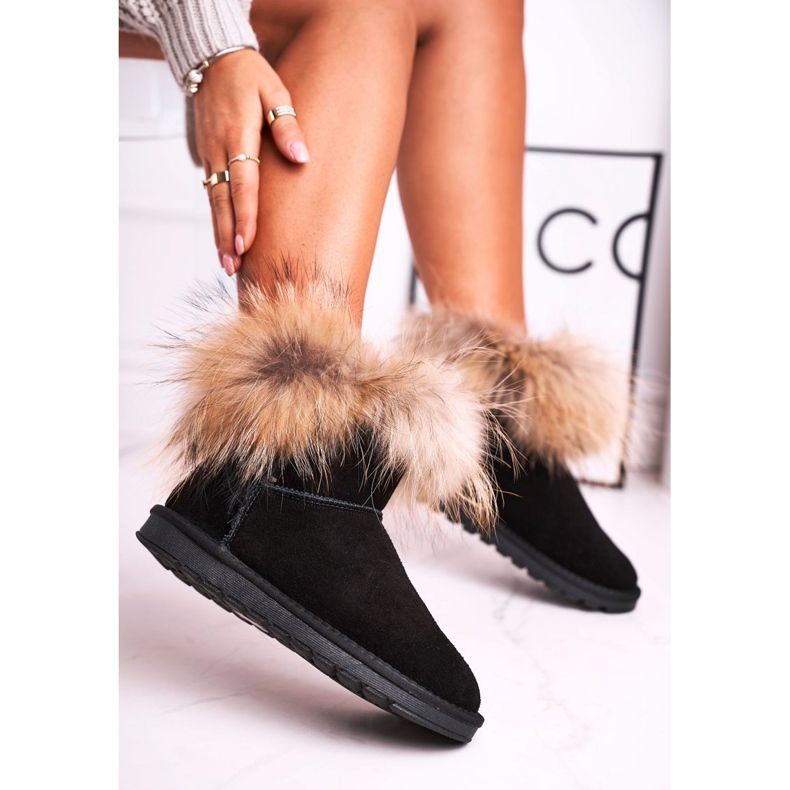 HAN Botas femininas de couro Mukluk para neve com pele, pretas preto 1