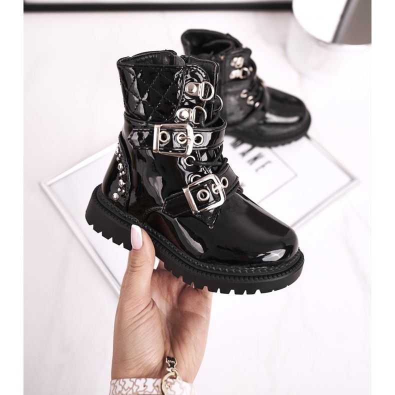 FRROCK Botas infantis aquecidas com pele, boneca preta lacada preto 1