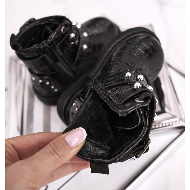 FRROCK Botas infantis aquecidas com pele, envernizado Black Mary preto 1