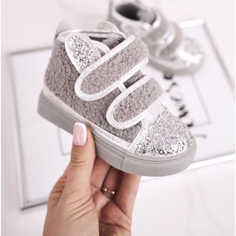 FRROCK Tênis infantil cinza alto quente Clifford prata 1