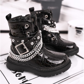 FRROCK Botas infantis aquecidas com pele, boneca preta lacada preto 1