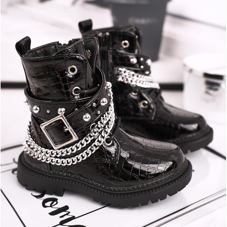 FRROCK Botas infantis aquecidas com pele, boneca preta lacada preto 1