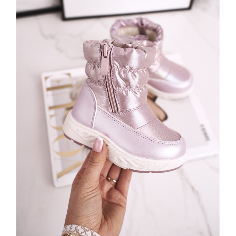 Botas de neve infantis aquecidas com crustáceo de lã rosa 2