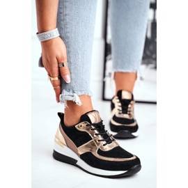 Vinceza Sapatos esportivos femininos de couro preto e dourado 21-7777 1