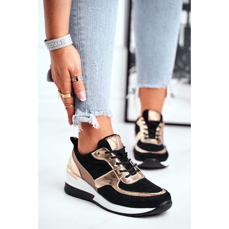 Vinceza Sapatos esportivos femininos de couro preto e dourado 21-7777 1