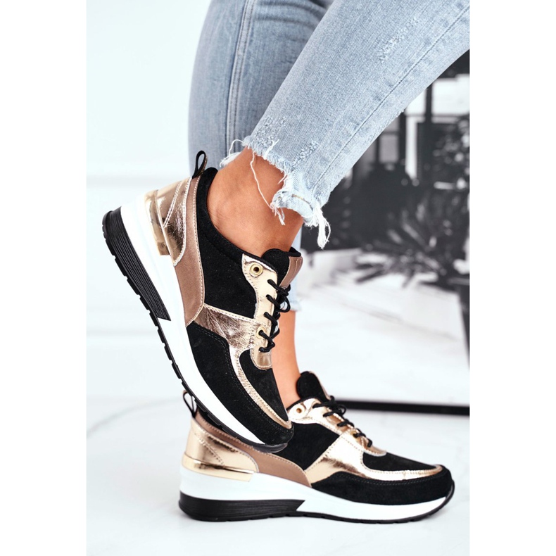 Vinceza Sapatos esportivos femininos de couro preto e dourado 21-7777 2