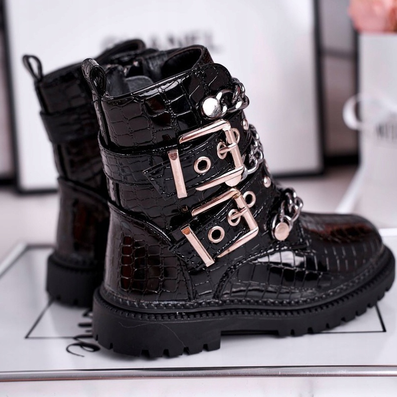 FRROCK Botas aquecidas para crianças com estampa de fivelas em preto. Hora de diversão 1