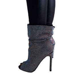 Botas femininas de salto alto Lu Boo strass bandas pretas preto prata 1