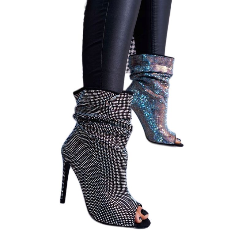 Botas femininas de salto alto Lu Boo strass bandas pretas preto prata 2