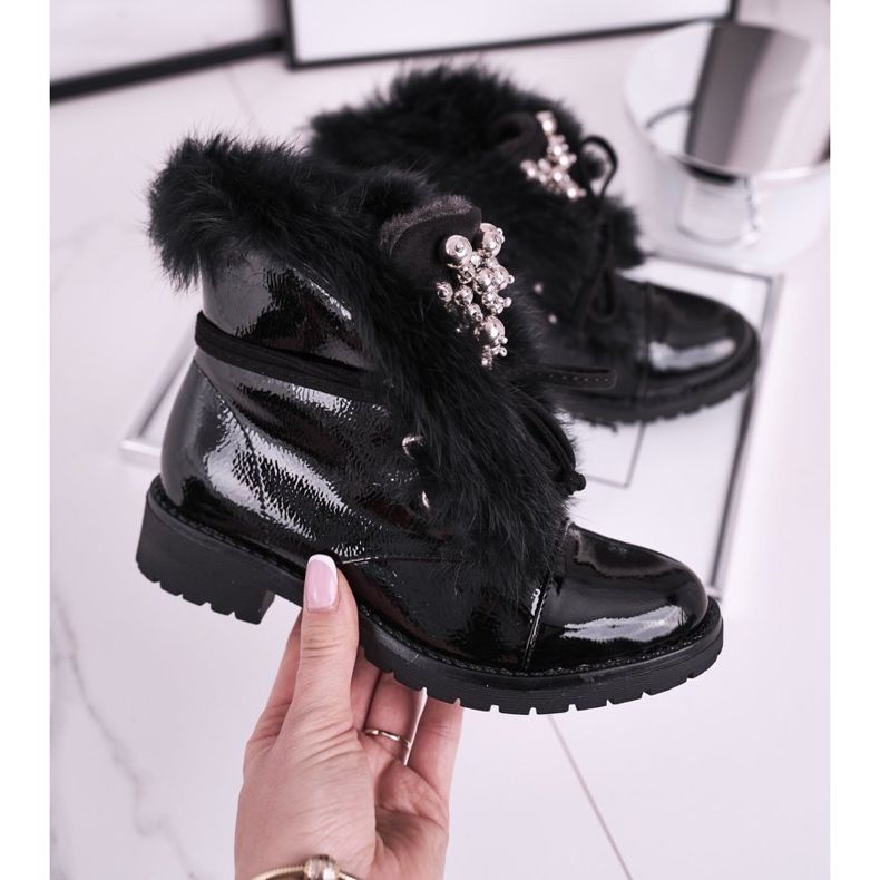 MSMG Botas infantis lacadas a quente em ella preta preto 2