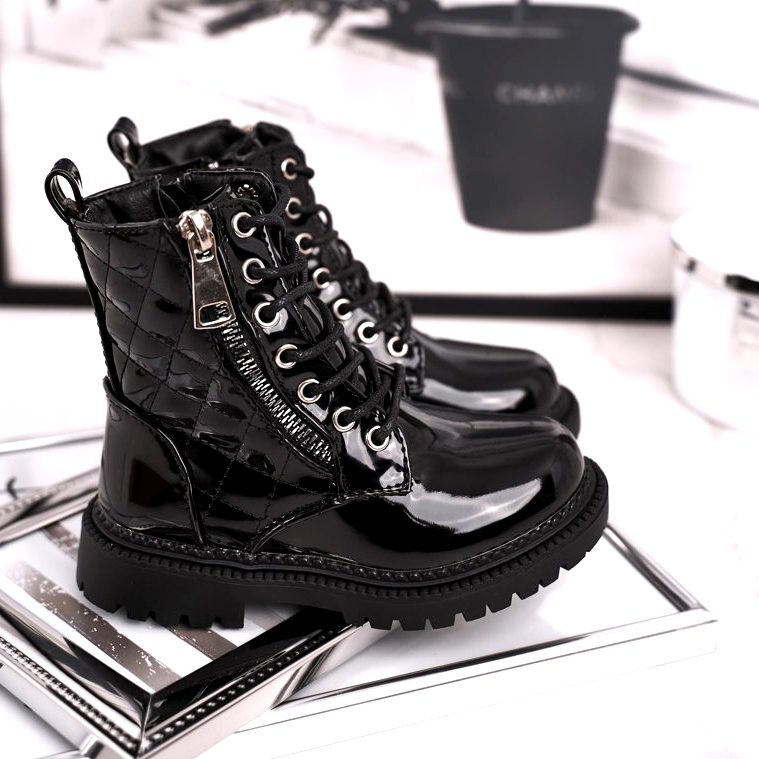 FRROCK Botas infantis aquecidas com pelo, preto lacado dizem você 1