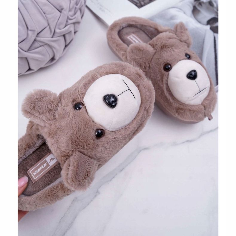 Chinelos femininos com pele de urso marrom bege 1