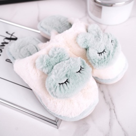 Chinelos de pele feminina coelho verde claro rosa 1