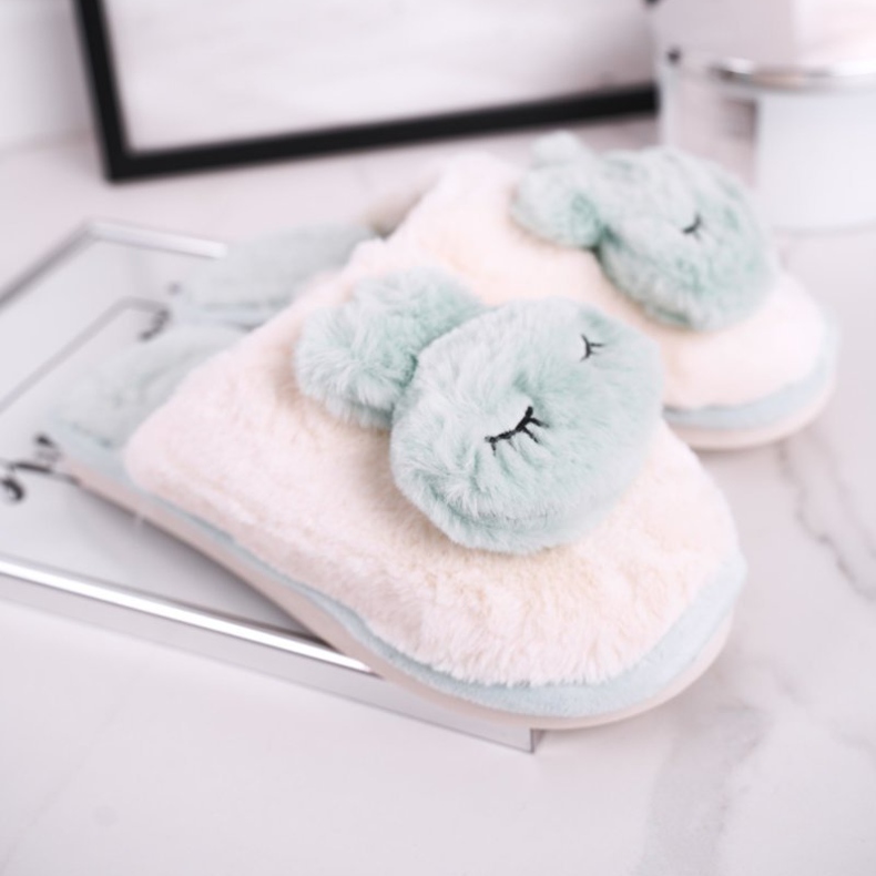 Chinelos de pele feminina coelho verde claro rosa 2