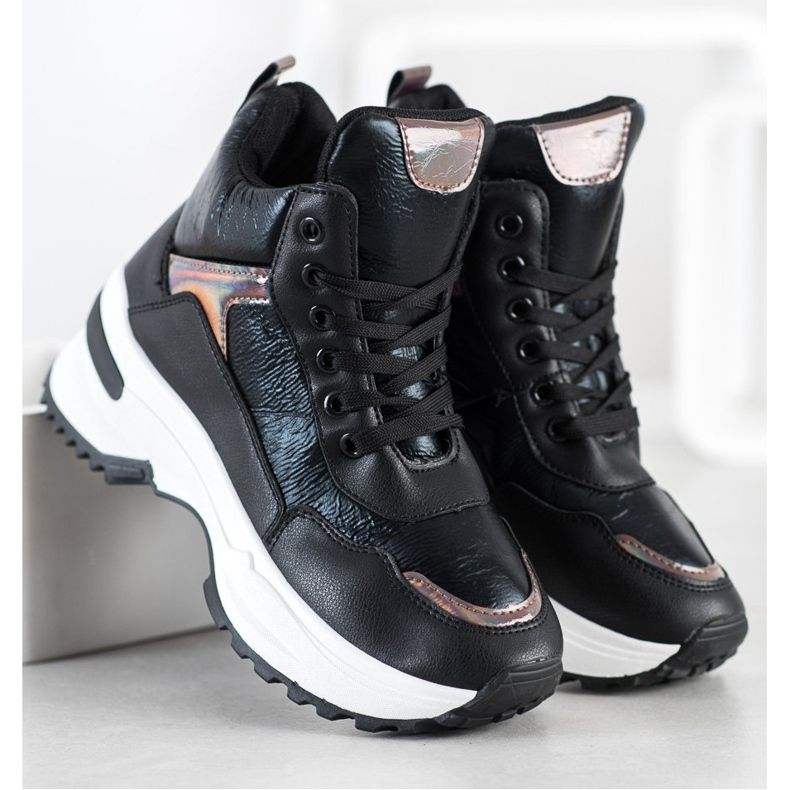 Ideal Shoes Tênis de cano alto em couro ecológico preto rosa 1