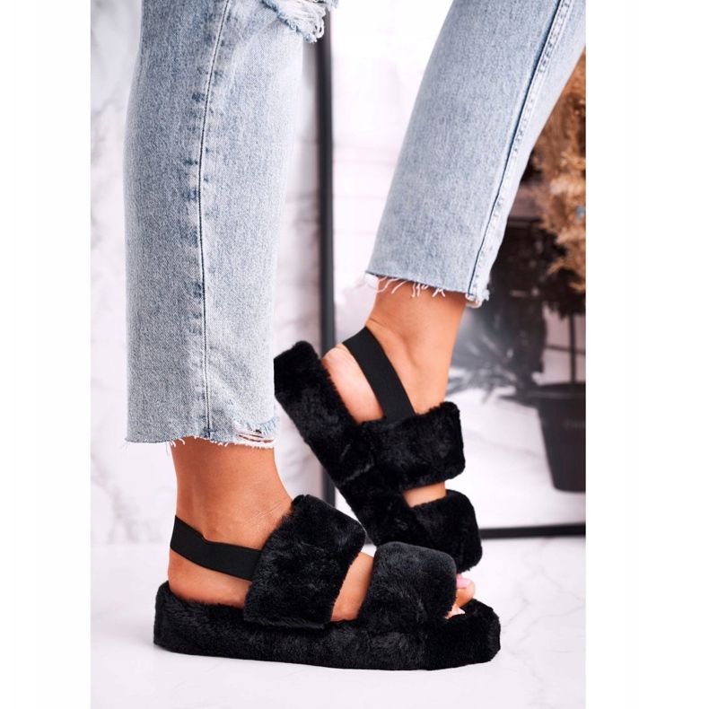 FJ1 Chinelos femininos com plataforma de pelo preto algodão doce 2 FJ1 Chinelos femininos com plataforma de pelo preto algodão doce 2