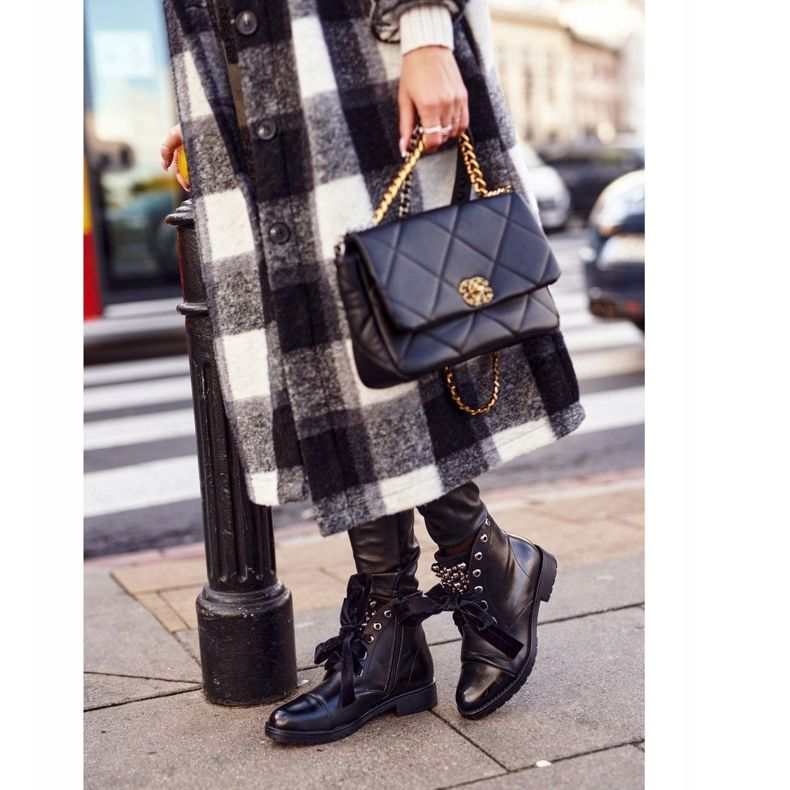 MSMG Botas femininas com pérolas de metal e fita perla quente preto 1