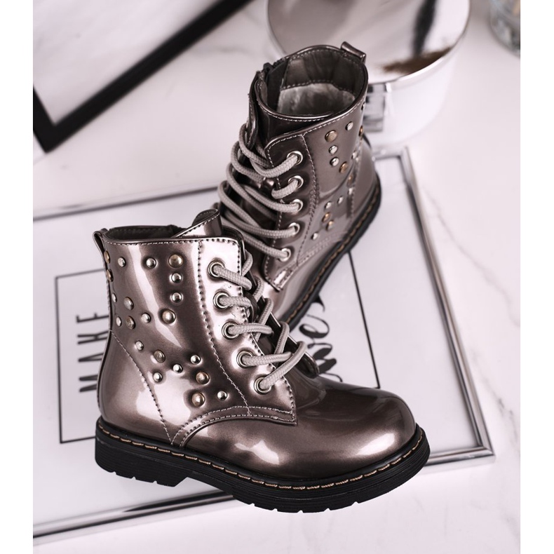 Botas aquecidas infantis com strass lacado fama prata cinza 1