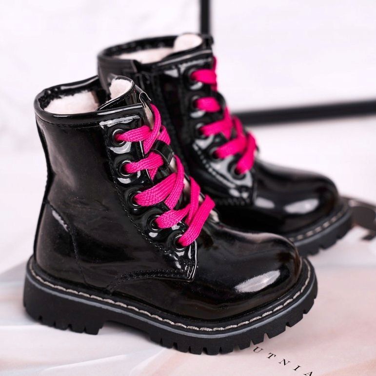 Botas infantis aquecidas com pele, pinkie preto lacado 1