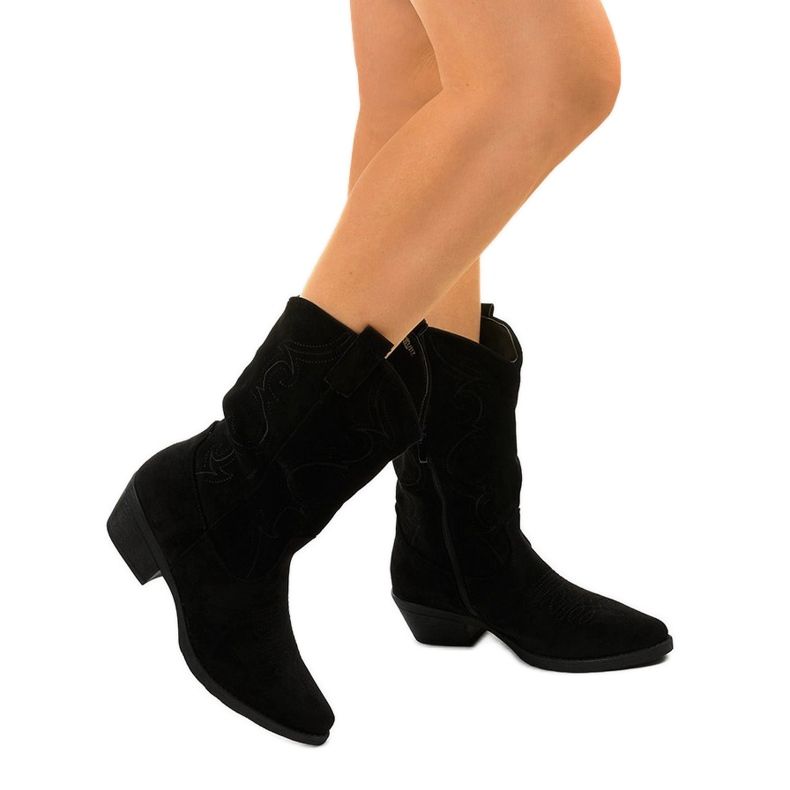 Botas de cowboy de camurça preta com zíper alelynna preto 1