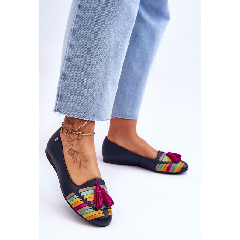Maciejka Couro Bailarinas Com Franjas Azul Marinho 04016-17 multicolorido 2