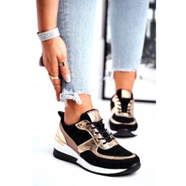 Vinceza Sapatos esportivos femininos de couro preto e dourado 21-7777 1