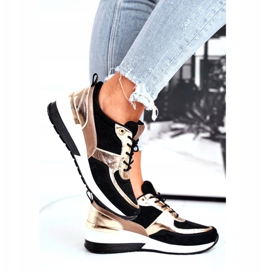 Vinceza Sapatos esportivos femininos de couro preto e dourado 21-7777 2