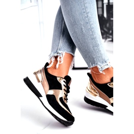 Vinceza Sapatos esportivos femininos de couro preto e dourado 21-7777 3