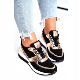 Vinceza Sapatos esportivos femininos de couro preto e dourado 21-7777 4