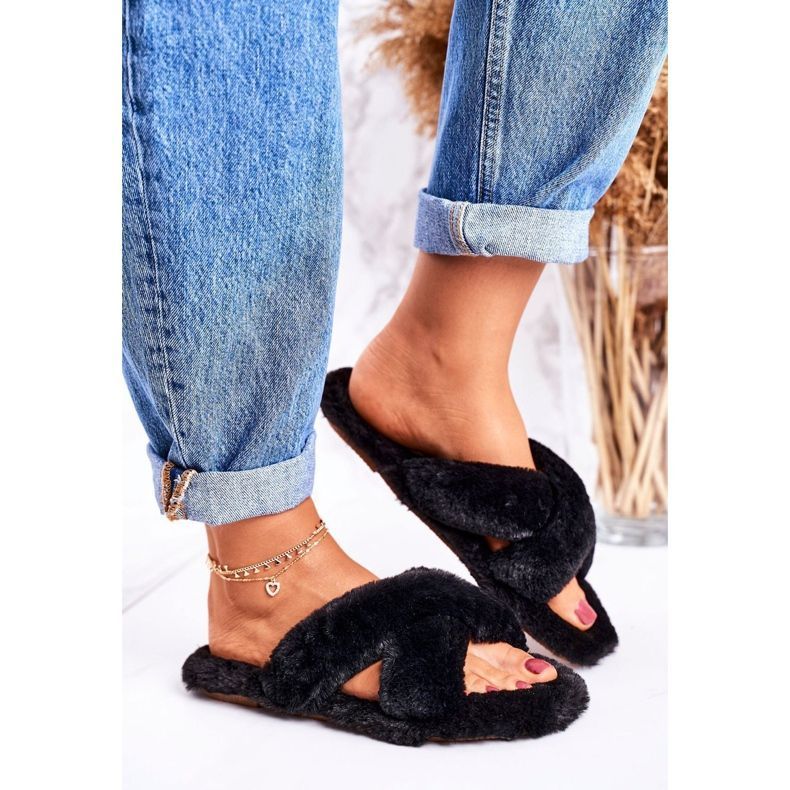FRJ Chinelos de pele preta feminino - hora aconchegante preto 1