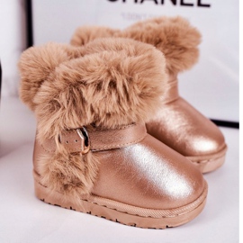 FRROCK Botas de neve aquecidas para crianças com gelatina de pele rosa e ouro 1