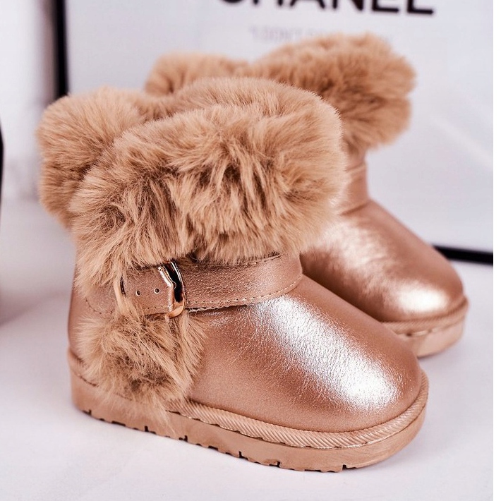 FRROCK Botas de neve aquecidas para crianças com gelatina de pele rosa e ouro 1