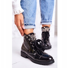 MSMG Botas quentes femininas com pérolas metálicas e uma fita, Perla laqueada preto 2