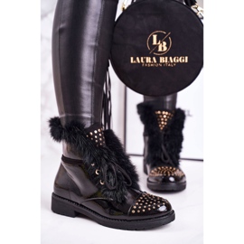 SEA Botas quentes femininas com strass e pele, glam lacado preto 1