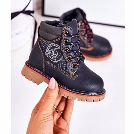 PL1 Armadilhas de botas aquecidas para crianças em um bobby azul marinho com sola de borracha laranja 2