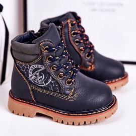 PL1 Armadilhas de botas aquecidas para crianças em um bobby azul marinho com sola de borracha laranja 1